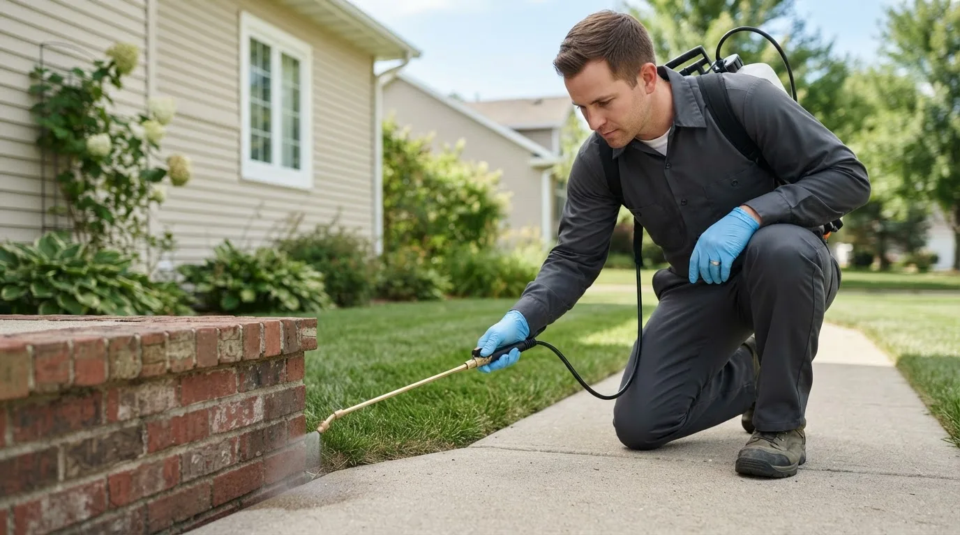 Pest control technician treating a home near Centreville, MI