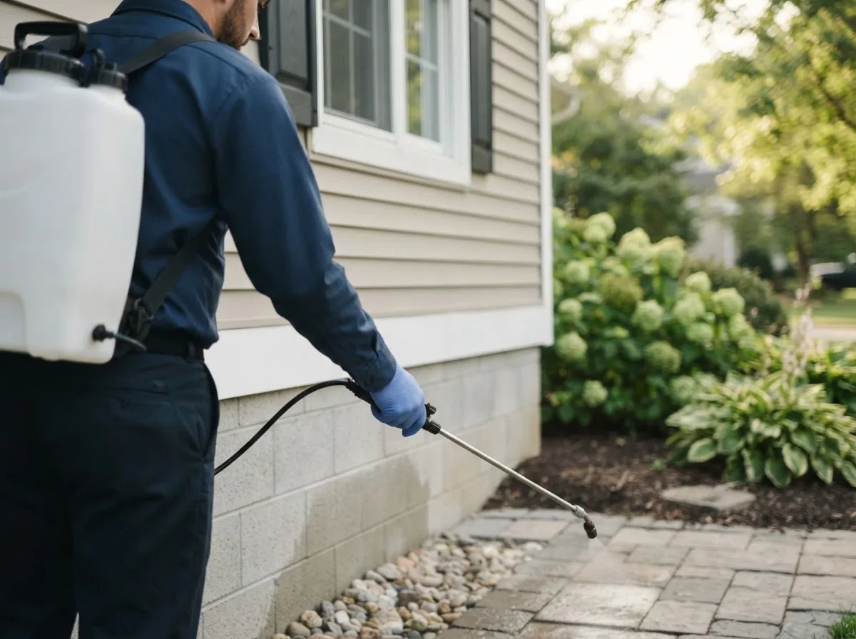 Pest control technician inspecting a home in Centreville, MI